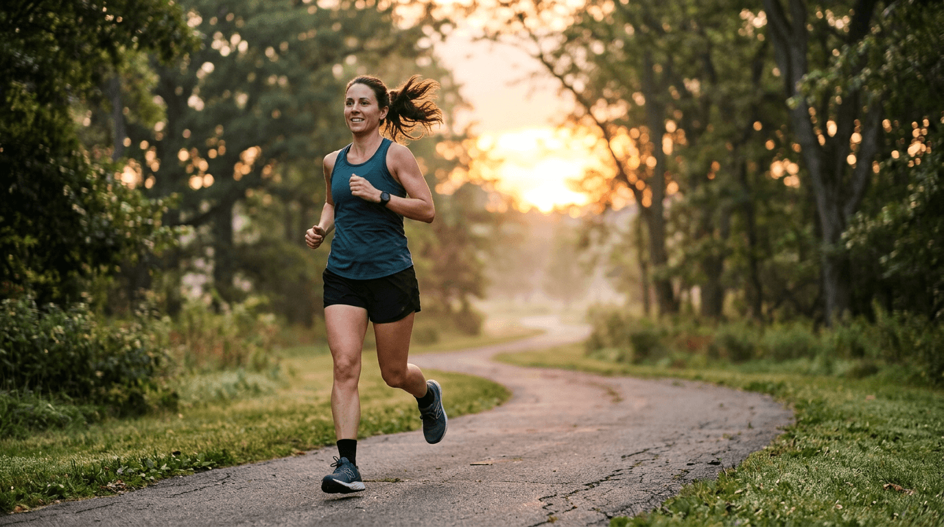 Adult exercising outdoors with a morning jog, representing the movement pillar.